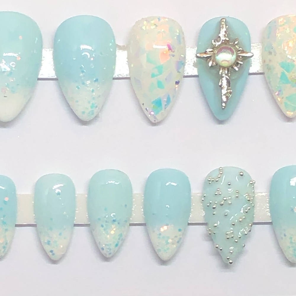 *SOLD* Handmade Custom Press On Nails Short Almond Shape Baby Blue French Tip - Picture 3 of 10